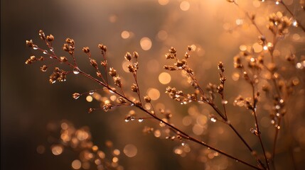 Dew drops adorn delicate dried grass seed heads in warm sunlight.