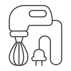 Handheld mixer and cord with electric plug thin line icon, kitchen concept. Vector graphics. Mixer sign on white background, outline style icon for mobile or web design.