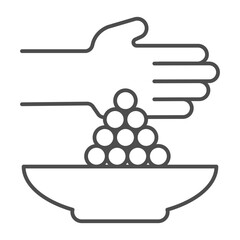 Hand with peas and plate thin line icon, cooking concept. Vector graphics. Spices sign on white background, outline style icon for mobile or web design.