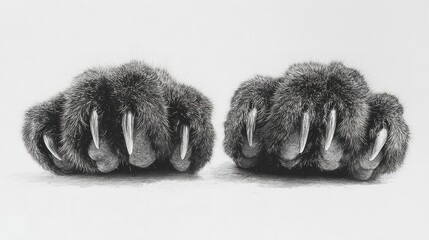 Closeup of furry cat paws with sharp claws isolated on white background, showcasing the detail of the fur