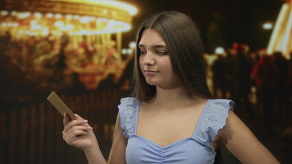 Caucasian teenager girl holding a brown envelope in her right hand at a crowded fair at night;...
