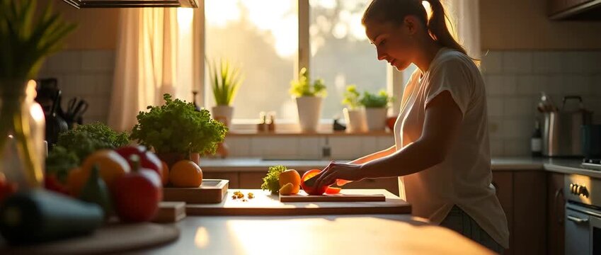 writer kneeling by kitchen counter chopping vegetables in golden afternoon light illustrating cooking dinner prep at home scenario in high?resolution culinary stock photograph in  Photo Stock  Concept