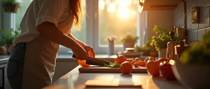 writer kneeling by kitchen counter chopping vegetables in golden afternoon light illustrating cooking dinner prep at home scenario in high?resolution culinary stock photograph in  Photo Stock  Concept