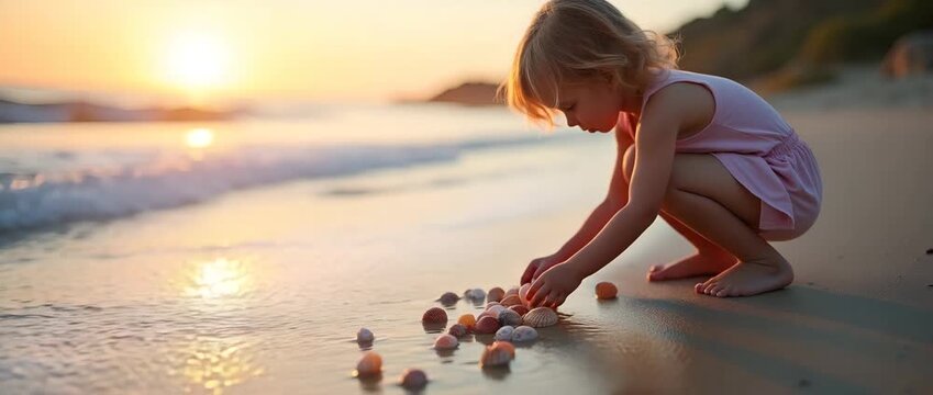 Early morning view of child collecting vibrant seashells from tide pool edge as soft waves lap sandy shore under warm golden light in  Photo Stock  Concept  and empty space on the left side