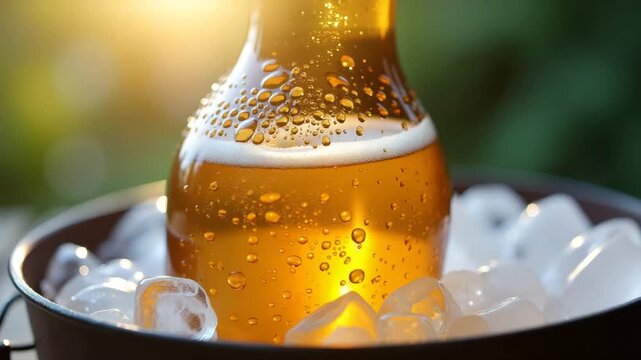 Macro shot of condensation covered beer bottle opened on ice filled bucket with golden liquid visible through transparent glass highlighting refreshing summer beverage appeal in  Photo Stock  Concept 
