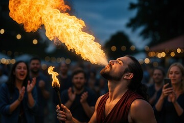 Fire Performer Showcasing Skill at Outdoor Event in Twilight with Enthusiastic Crowd Cheering and Warm Bokeh Lighting Against a Dark Blue Sky