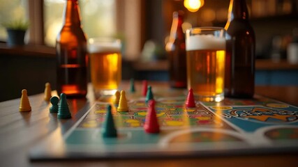 Dynamic tabletop composition capturing beer bottles and scattered game pieces arranged on wooden table conveying fun interactive evening activity in  Photo Stock  Concept  and empty space on the left 