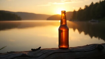 Relaxed laid back moment portraying single beer bottle resting on driftwood log overlooking tranquil lake at sunset embodying serene retreat concept in  Photo Stock  Concept  and empty space on the le