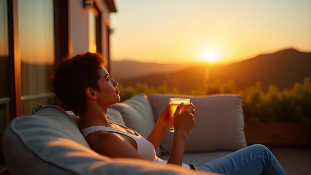 Casual moment portrait of person unwinding on patio sofa holding foam?topped beer mug against warm sunset backdrop conveying serene relaxation in  Photo Stock  Concept  and empty space on the left sid