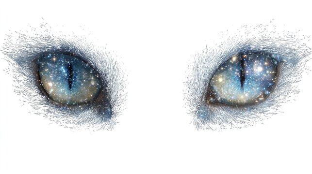 Closeup of a pair of cat eyes filled with stars isolated on white background, creating a magical effect - Powered by Adobe