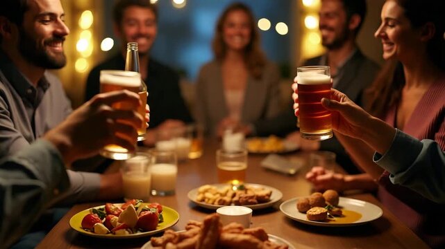 Intimate small party gathering featuring friends clinking craft beer bottles around rustic wooden table adorned with festoon lights and artisanal snack platters in  Photo Stock  Concept  and empty spa