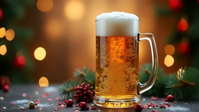 Festive holiday scene featuring seasonal beer mug adorned with holiday themed decorations and warm lighting conveying celebratory spirit. in  Photo Stock  Concept  and empty space on the left side