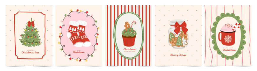 Merry Christmas vintage greeting cards with Christmas tree, socks, gingerbread cookies, cupcake, red mug of cocoa. Trendy doodle hand drawn Xmas poster, cover, invitation © Svitla