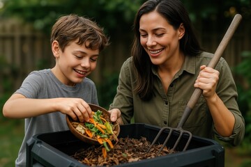 Backyard Composting Involves a Woman and a Boy Sorting Organic Waste in a Black Compost Bin on a Sunny Day in a Lush Garden Setting
