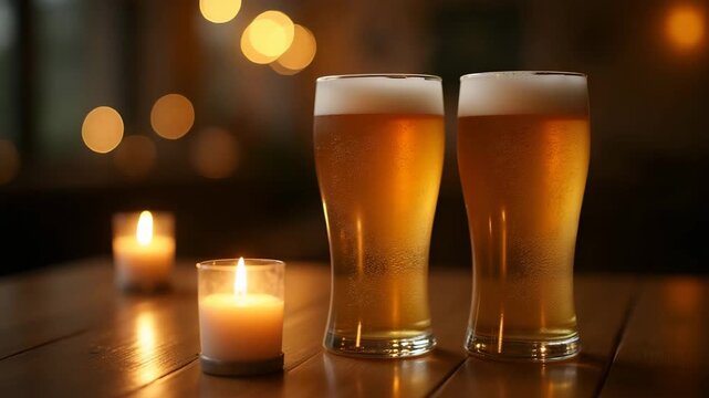 Intimate scene of two frosty beer glasses on wooden table set for romantic evening with soft candlelight glow and gentle bokeh of background lights in  Photo Stock  Concept  and empty space on the lef