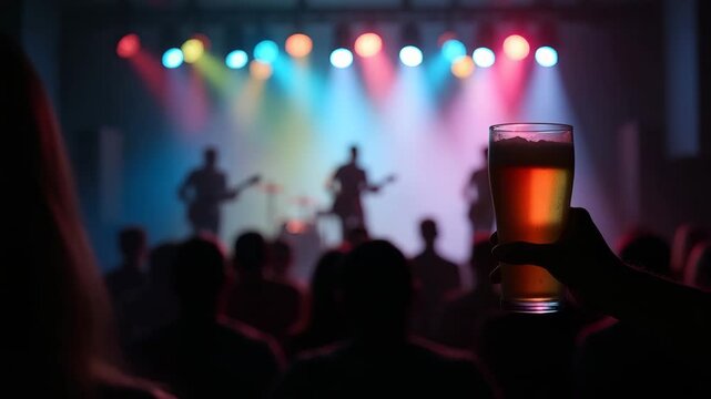 Audience member raising beer glass at indoor live music venue with band performing under colored spotlights and blurred crowd in background conveying concert ambiance in  Photo Stock  Concept  and emp