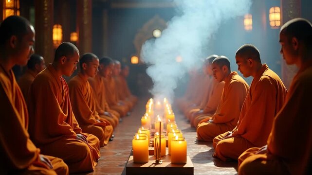 Documentary?style image of Buddhist monks in saffron robes conducting Obon memorial service in temple hall surrounded by incense smoke and ceremonial candlesticks in  Photo Stock  Concept  and empty s