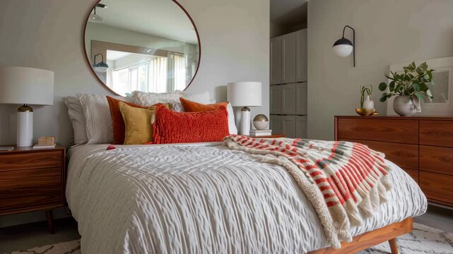 A cozy bedroom with a large bed that is covered in a white comforter and pillows. Bedroom with angled teak nightstands, round mirror above dresser, mid century modern warm retro tones