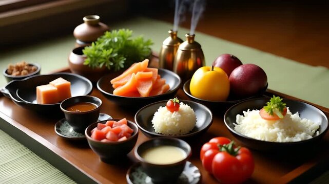 Artfully arranged Obon food offering table featuring seasonal fruits vegetables traditional sweets and sake cups with incense burners on tatami mat in  Photo Stock  Concept  and empty space on the lef