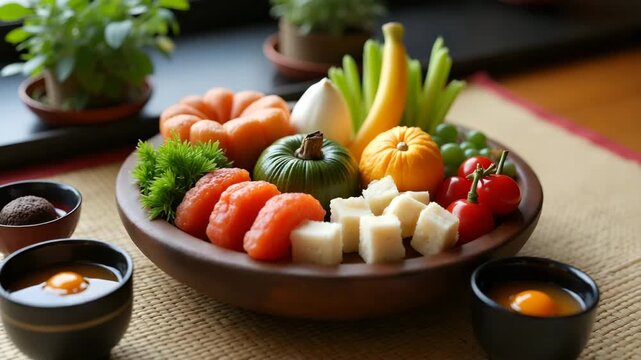 Artfully arranged Obon food offering table featuring seasonal fruits vegetables traditional sweets and sake cups with incense burners on tatami mat in  Photo Stock  Concept  and empty space on the lef