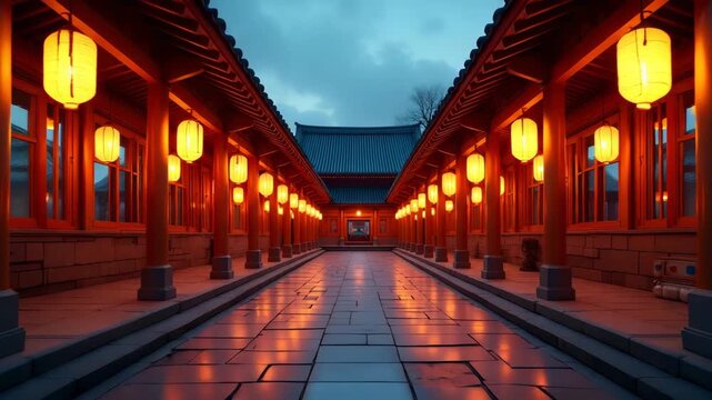 Panoramic scene of temple grounds adorned with rows of glowing paper lanterns hung from wooden beams creating a luminous pathway through stone courtyard in  Photo Stock  Concept  and empty space on th