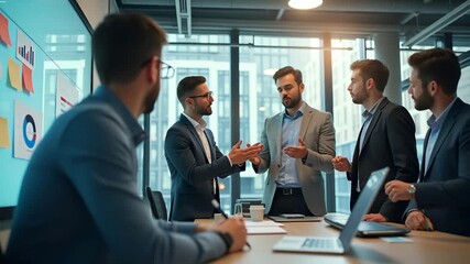 Business team gathered around a glass whiteboard writing quarterly goals in marker with charts and sticky notes while senior manager guides strategy during goal setting workshop in  Photo Stock  Conce
