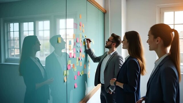 Business team gathered around a glass whiteboard writing quarterly goals in marker with charts and sticky notes while senior manager guides strategy during goal setting workshop in  Photo Stock  Conce