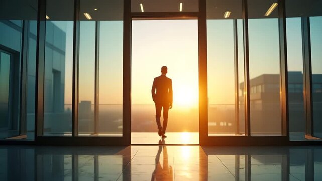 Fresh stock image of a confident professional stepping through an open door into a glass?walled office suite at dawn symbolizing new career start and fresh beginnings in  Photo Stock  Concept  and emp