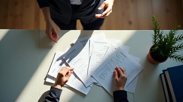 Overhead view of hands with job application forms and HR brochures spread out on reception counter under spotlight illustrating HR opportunity moment in  Photo Stock  Concept  and empty space on the l
