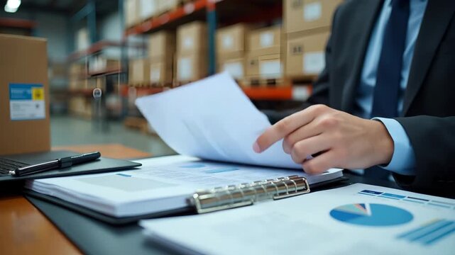 Warehouse manager overseeing logistics and tariffs documentation at distribution center desk with shipping labels and tariff guidelines binder in  Photo Stock  Concept  and empty space on the left sid