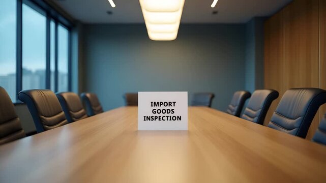 Professional stock image of empty boardroom chairs surrounding table under overhead light with sign on table reading �Import Goods Inspection� implying pending inspection meeting in  Photo Stock  Conc