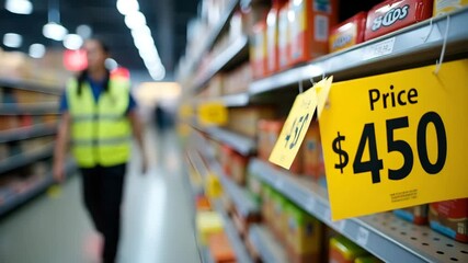 Retailers updating shelf tags displaying product price increase notices reflecting recent inflation trends impacting consumer spending in United States supermarkets and retail outlets in  Photo Stock 