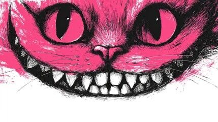 Pink cheshire cat with a wide grin, a whimsical and surreal with a touch of fantasy