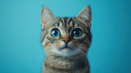 Close-up portrait of a tabby cat with large blue eyes against a vibrant blue background. Possible use pet adoption campaign
