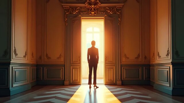 Businesswoman standing before ornate doorway opening into vibrant workspace representing open door opportunity fostering inclusive career pathways for diverse talent in Photo Stock Concept and empt