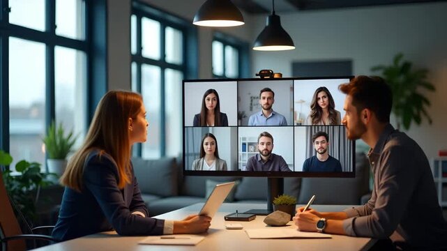 Team members connecting through hybrid conference call integrating in office participants virtual attendees sharing screen collaborative document editing interaction in  Photo Stock  Concept  and empt