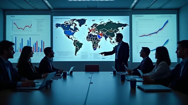 Analysis of global export policy impact on domestic manufacturing shown through charts and stakeholder discussion in corporate boardroom emphasizing regulatory changes and economic implications in  Ph
