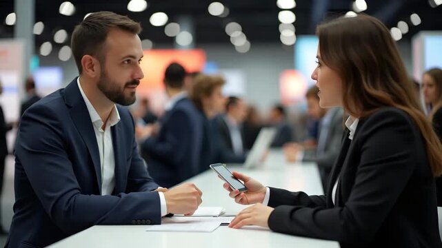 Job seeker conversing enthusiastically with recruiter at career fair booth exchanging business cards exploring potential employment connections professional networking in  Photo Stock  Concept  and em