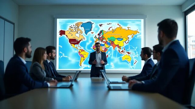 Interactive map overlay in boardroom showing container tariff policy zones with color coded rates classification codes and fee schedules for stakeholder briefing in  Photo Stock  Concept  and empty sp
