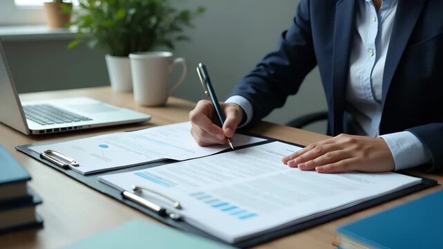 Trade compliance officer drafting customs regulation guidelines on computer surrounded by regulation manuals official forms and legal reference books in office environment in  Photo Stock  Concept  an