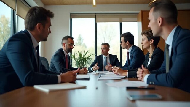 Government ministers discussing national trade policy reforms drafting legislation in conference room setting emphasizing economic growth and regulatory compliance in  Photo Stock  Concept  and empty 