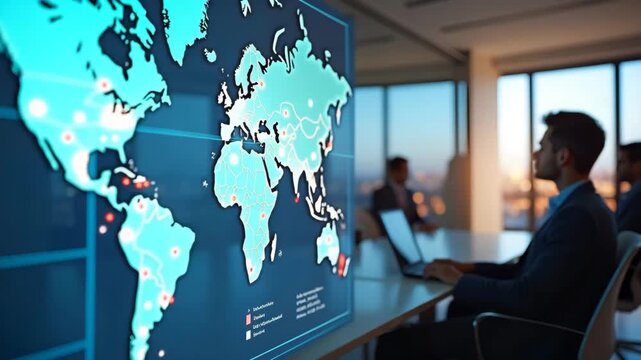 Interactive map overlay in boardroom showing container tariff policy zones with color coded rates classification codes and fee schedules for stakeholder briefing in  Photo Stock  Concept  and empty sp