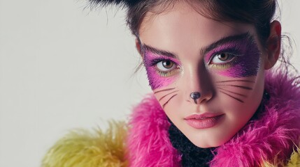 Closeup of a young woman with cat makeup and ears, creating a playful and artistic look