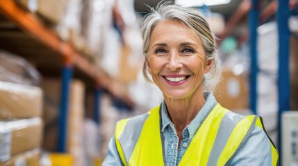 A woman wearing a bright safety vest stands in a large warehouse filled with boxes. She appears cheerful and confident contributing to daily operations and inventory management.