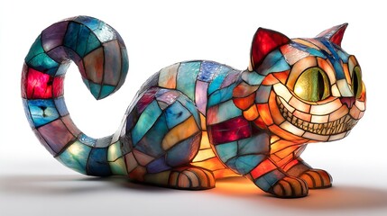 Colorful stained glass cheshire cat figurine with a whimsical design isolated on white background