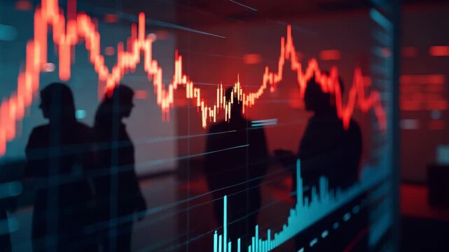 Financial services team gathered around red market day dashboard reviewing broad index declines sector performance and contingency plans after steep losses in  Photo Stock  Concept  and empty space on