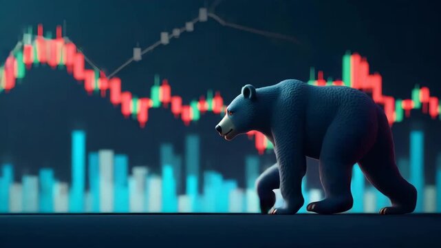 Multimedia teams producing �bear and stock chart� animations and �financial bear icon� sequences for video intros in market downturn coverage in  Photo Stock  Concept  and empty space on the left side