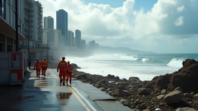Emergency response teams surveying coastal city destruction following earthquake triggered tsunami waves sweeping streets and damaging infrastructure under chaotic skies in  Photo Stock  Concept  and 
