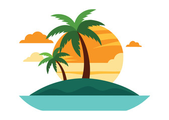 Coastal Island with Sunset Vector Design