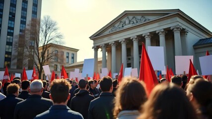 Photographic image of tariff protest scene showing crowd gathered outside government building with banners demanding tariff repeal and economic justice visuals in  Photo Stock  Concept  and empty spac
